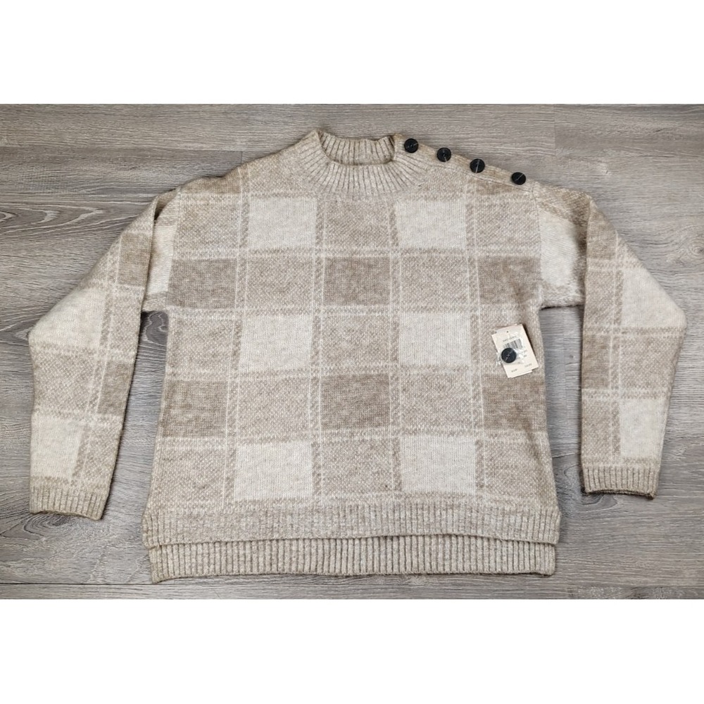 Retrology Women's XL Pullover Sweater Checkered Browns Button Design NEW